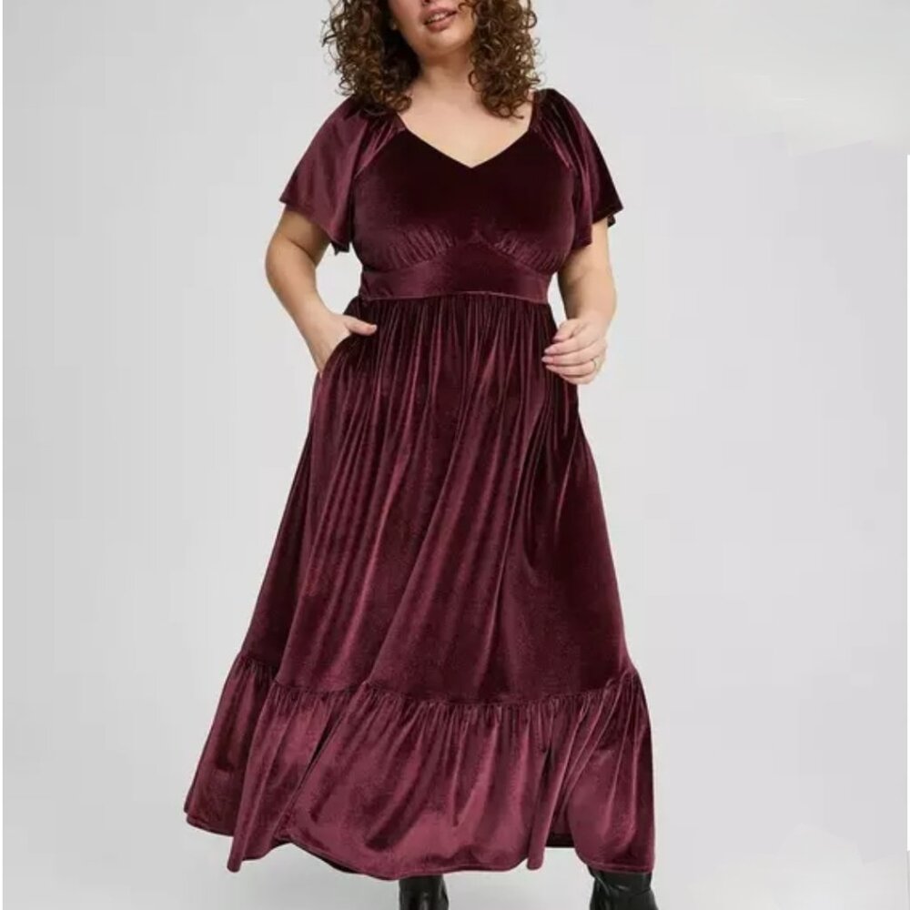 Torrid Maxi Flutter Sleeve Dress - Stretch Velvet Winetasting Size 2X